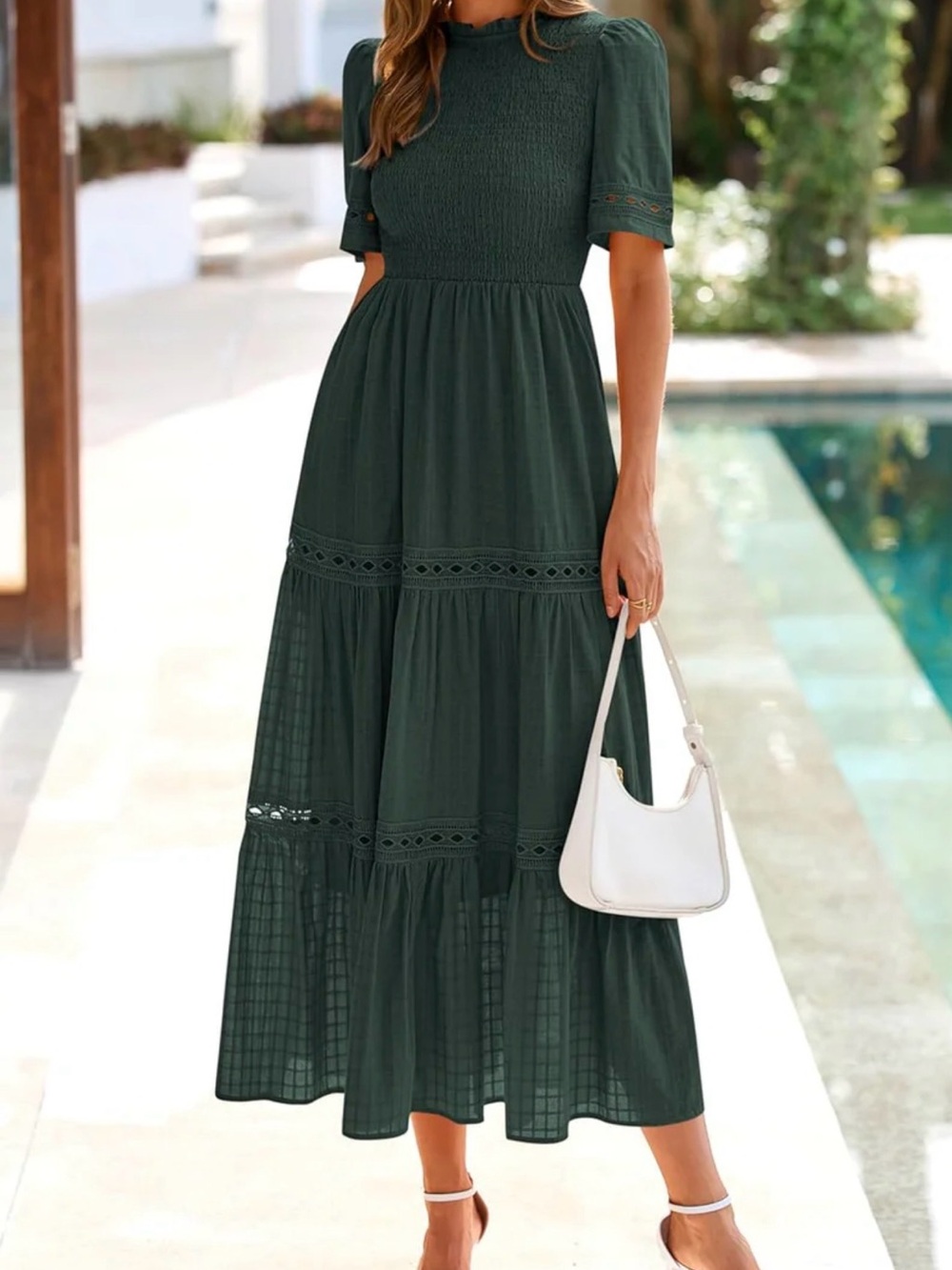 Amazon Dark Green Smocked Bodice Tiered Midi Dress